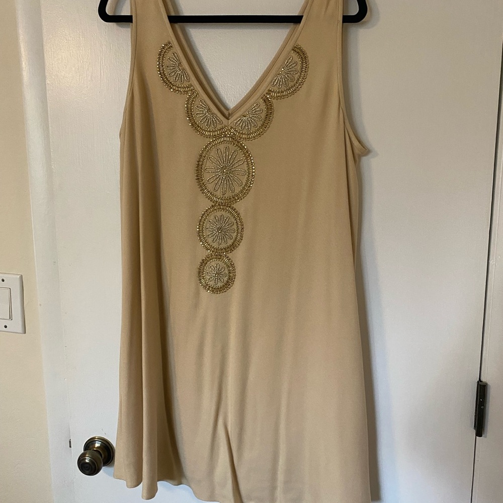 NWT LILLY PULITZER FIA DRESS Beige Sleeveless Dress with Gold Embellishments